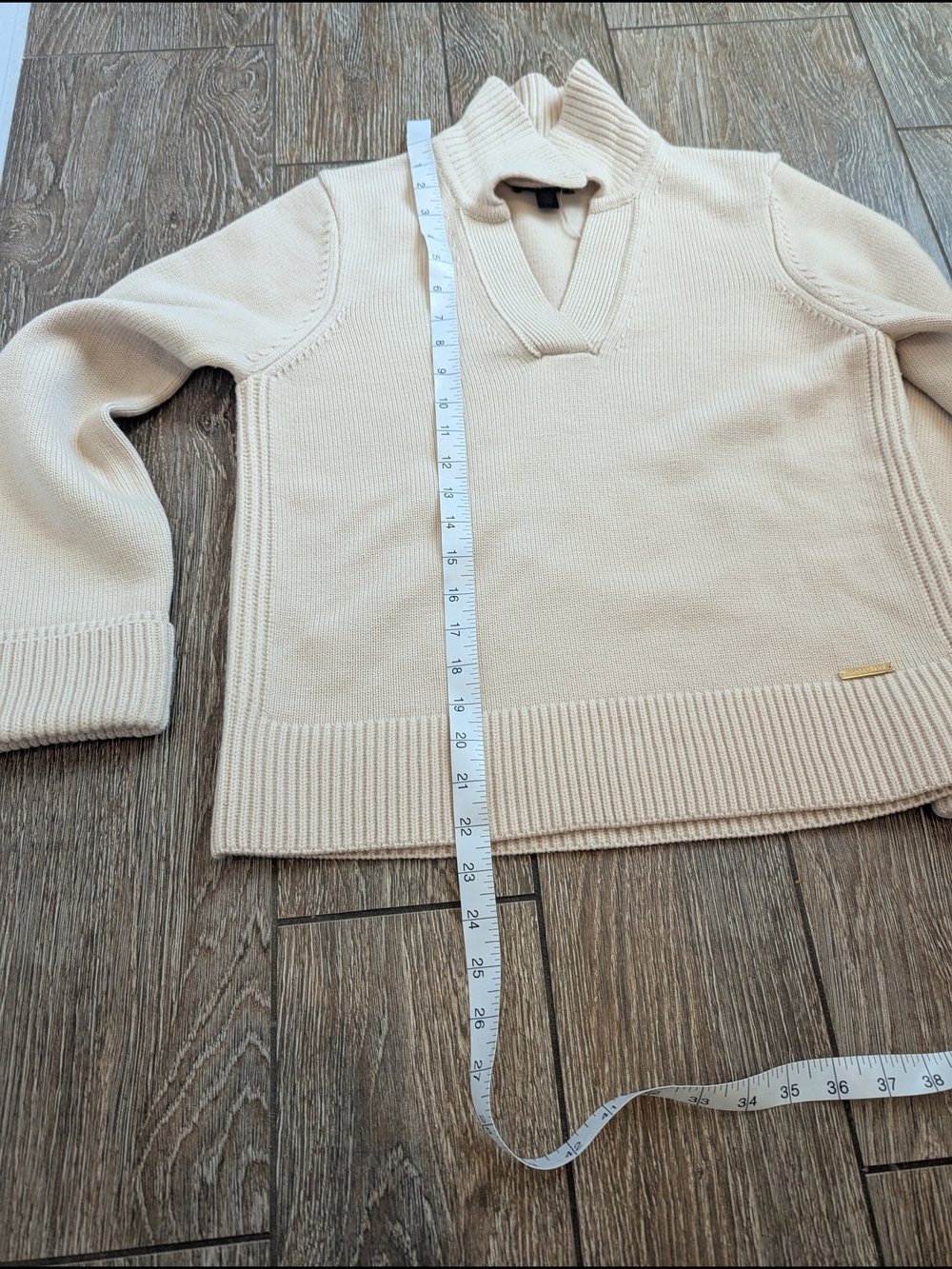 Magaschoni Cream Collared Wool Sweater Medium V Neck Old Money Johnny Collar - Picture 8 of 8